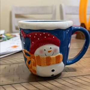 St. Nicholas Square SNOW DAYS RED HAT 16oz Coffee Mug Cup Orange Scarf Snowman